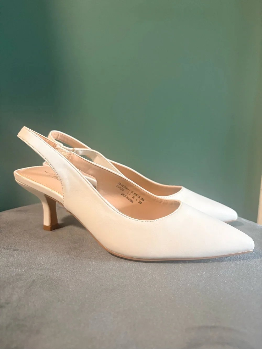 Pointed-Toe White Slingback Kitten Heels